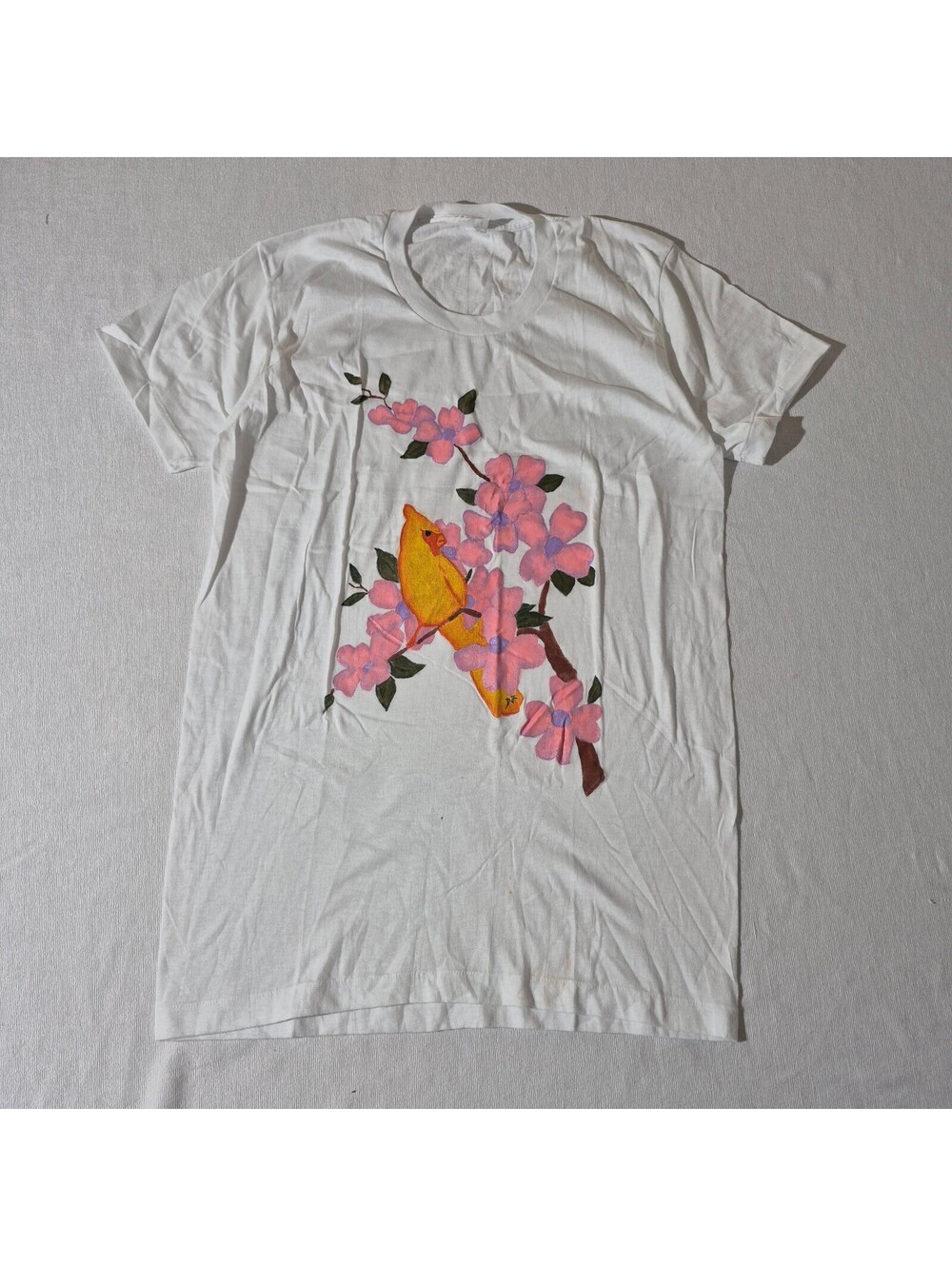 Vintage 70s 80s Hand Painted L Large bird pink floral tree night shirt